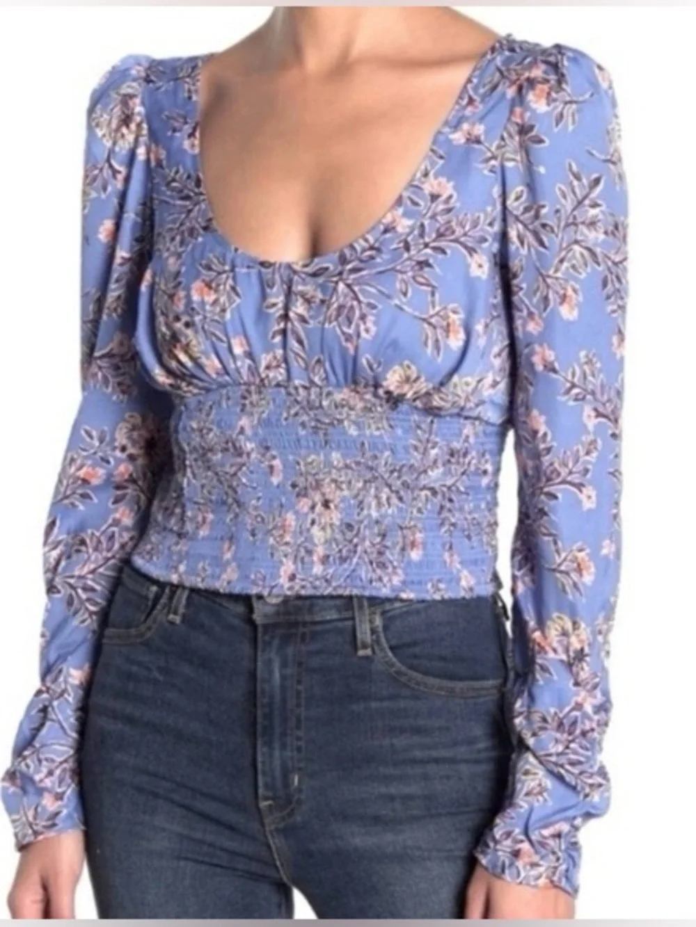 Free People Santiago Blue Bell Floral Scoop-Neck Smocked Waist Ruched Sleeve Sm.
